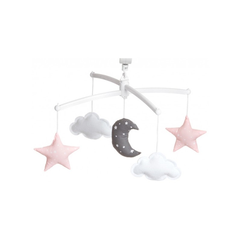 Mobile Musical Lune Et Etoiles Rose Pastel Et Gris