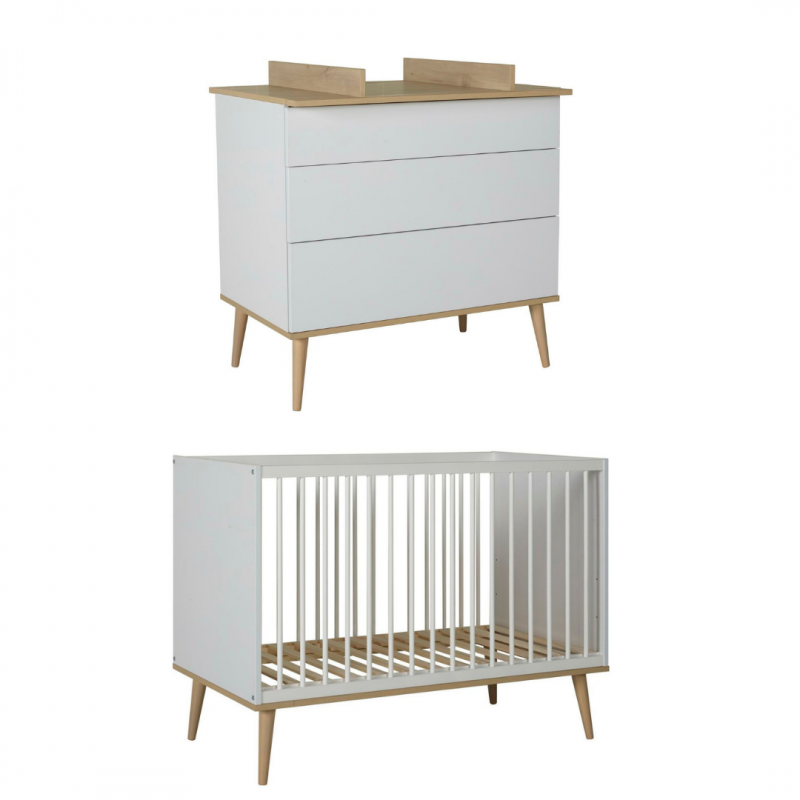 Lit bébé 60x120 et commode à langer Vox Leaf - Blanc et bois