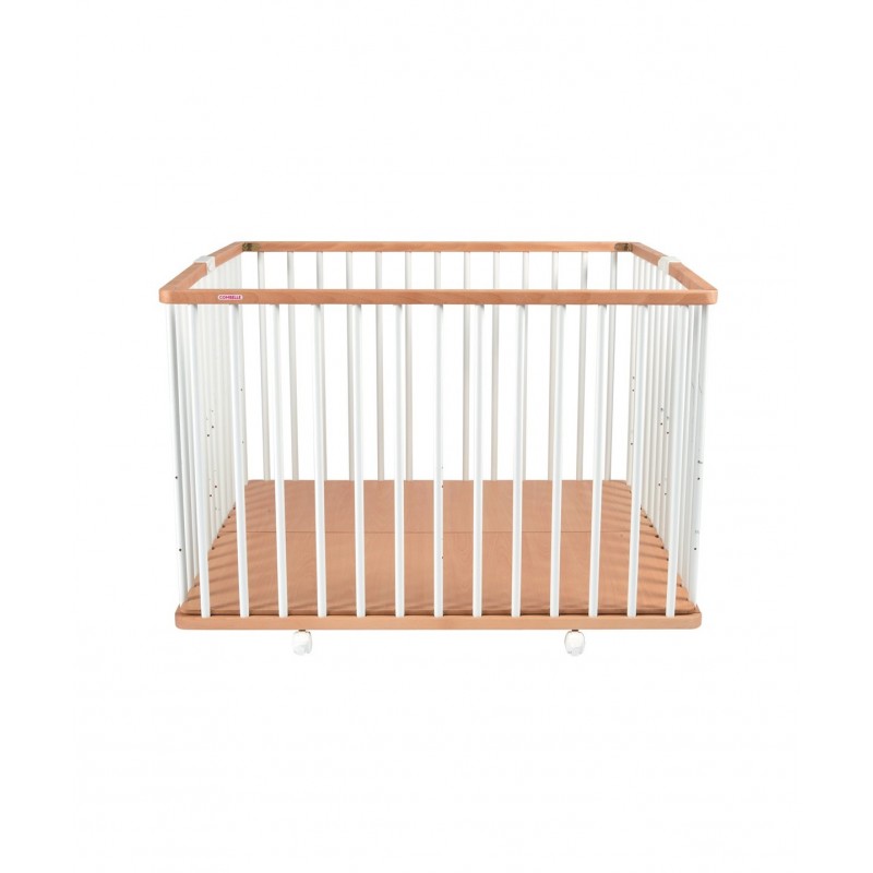 Lit bébé pliant en bois vernis naturel avec matelas et housse (le